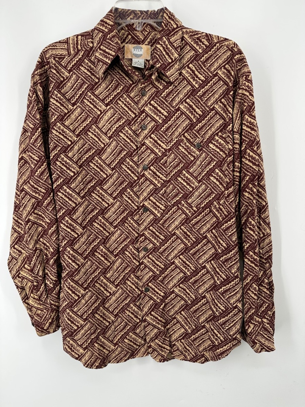 Vintage Men's Geometric Print Button-Down Shirt - Brown/Cream